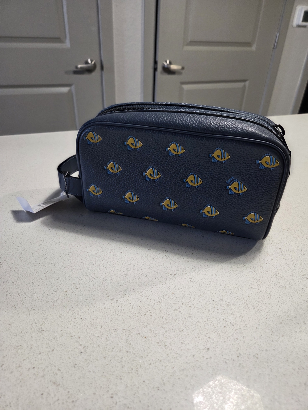 Coach Navy Leather Toiletry Kit with Yellow Fish Print